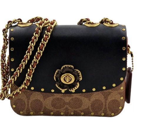 Borsa a tracolla Coach Madison 16 in tela firmata con rivetti ruggine marrone