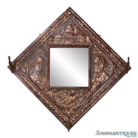 Antique Presidential Figural Copper Wall Hanging Mirrored Hat Rack Cover
