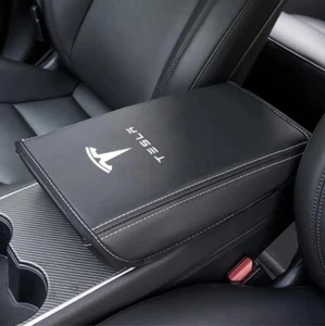Car Armrest Cover Tesla Model 3 Y PU Leather Center Console Cover BLACK STITCH - Picture 1 of 7
