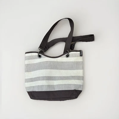Thirty One Small Shoulder Tote Bag Black White Striped Canvas Straw Resortwear - Image 1 of 4