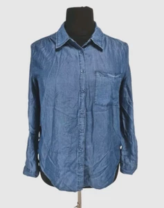 intro Womens Button Up Top Plus Size M Blue Chambray Long Sleeve Tie Back 123A - Picture 1 of 6