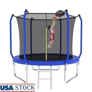 10FT Trampoline W/ Basketball Hoop Safety Enclosure Net Outdoor Jumping Fun Blue - Picture 1 of 9