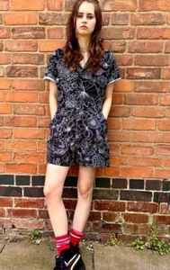 Run & Fly Playsuit Black Floral print Psychedelic 60s 70s Retro UK size 8-26 - Picture 1 of 4