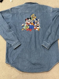 Vtg Disney Store Mens Denim Shirt Medium Embroidered Mickey Mouse Goofy Pluto - Picture 1 of 6
