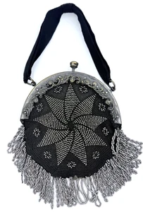 Antique Victorian Steel Cut Chatelaine Beaded Bag Purse Silver And Black - Picture 1 of 7