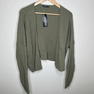 Boohoo Womens Oversized Ribbed Cropped Open Cardigan Sweater Sz S/M Green Khaki - Image 1 of 4