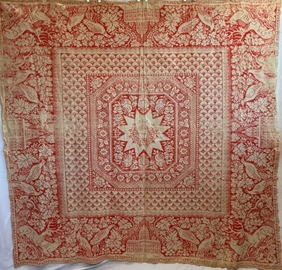 Beautiful Vintage Red & White Jacquard Floral Coverlet with Birds & Deer 78"x83" - Image 1 of 4
