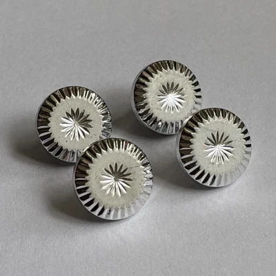 Set Of 4 Vintage White & Silver Starburst Retro Buttons 1/2 Inch Shank Back - Image 1 of 4