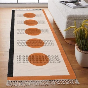 Cotton Dhurrie Area Rug, Indian Geometric Pattern Cotton Rug for Kids Room Area - Picture 1 of 11