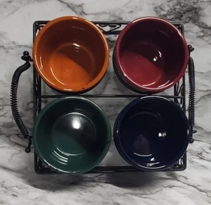 5pc Serving Set. 4 Small Bowls W/ Metal Holder Dip Hors D'oeuvres. Warm Colors. - Picture 1 of 6