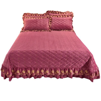 Embroidered Thick Crystal Velvet Bedspread Set Quilted Queen King Size Coverlets - Image 1 of 4