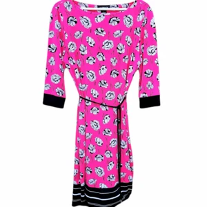 Liz Claiborne Pink Black Floral Boat Neck Tie Waist, Stretchy Shirt Dress - Picture 1 of 10