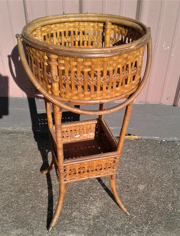 Antique Natural Woven Cane Splint Oak and Wicker Sewing Stand 1860s Cover