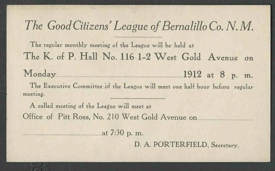 1912 PC BERNALILLO CO NM KNIGHTS OF PYTHIAS MINT FACE UX22 ON THIN STOCK SCARCE - Image 1 of 1