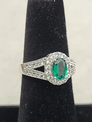 Anillo ovalado verde esmeralda para mujer de plata de ley 925 creado en laboratorio piedras preciosas halo 5,75 Foto 1 de 4