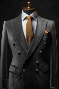 Hombres Chaqueta de Terciopelo Abrigos Blazers Diseñador Gris Doble Pecho Esmoquin Cena - Imagen 1 de 4