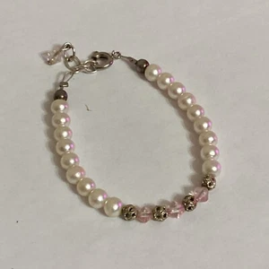 VINTAGE SILVER TONE FAUX PEARL CHILD BABY TODDLER BRACELET Approx. 5” Adjustable - Picture 1 of 6