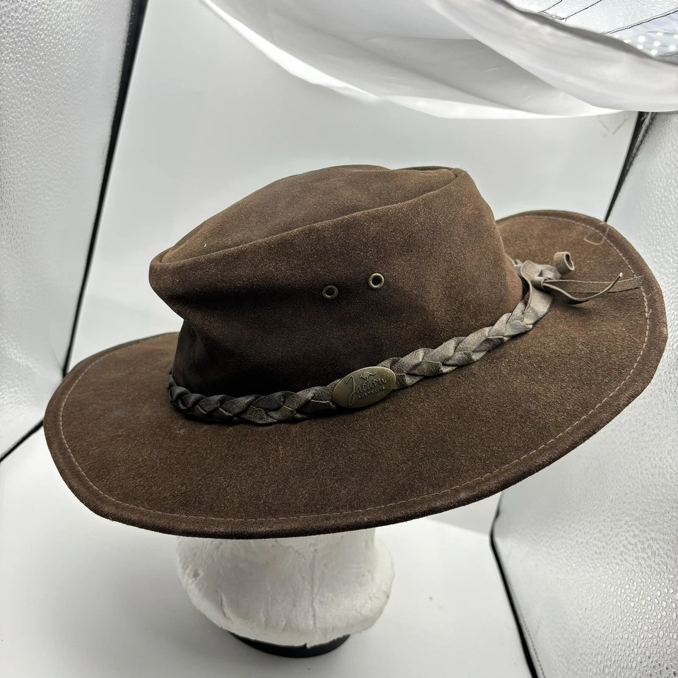 Chapéu de cowboy Jacaru Wallaroo camurça marrom M/L couro estilo outback muito bom estado usado - Imagem 1 de 4