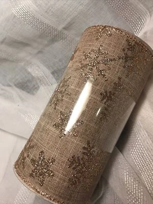EXTRA WIDE RIBBON 5.5”x 6 Yd Gold Sparkle Snowflake Rustic Winter NEW Craft DIY - Image 1 of 4