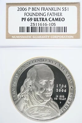 2006 P Ben Franklin Founding Father Silver Dollar Commemorative NGC PF69 UC - Image 1 of 2