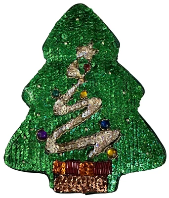 VTG Christmas Tree Gift Box Embellished Trinkets Jewelry Decor' Sequins Satin - Image 1 of 4