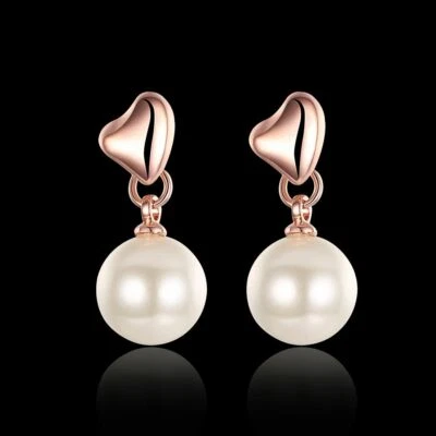 Pendientes colgantes elegantes de perlas de 10 mm rellenos de oro rosa para mujer #DE08 Foto 1 de 4