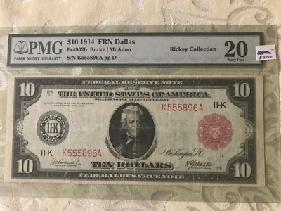 1914 $10 FEDERAL RESERVE NOTE,PMG CERTIFIED VERY FINE 20, RICKEY COLECTION,RARE - Image 1 of 2