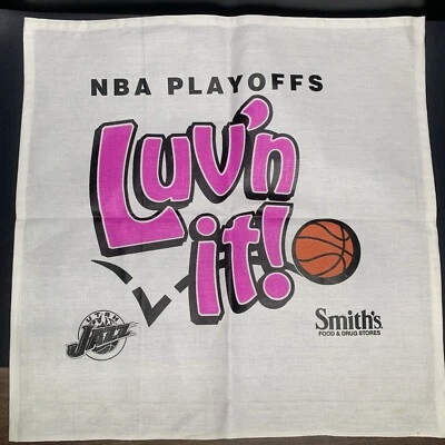Vtg Utah Jazz NBA Playoffs “Luv’n It!” Rally Towel Banner, Smiths Food Sponsor - Image 1 of 4