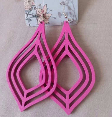 Ladies Pink Wooden Earrings Ethnic Boho Teardrop Style Lightweight Jewellery - Image 1 of 4
