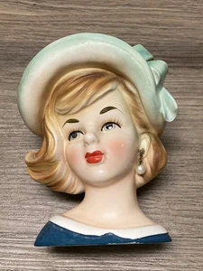 VINTAGE LADY HEAD VASE PARMA BY AAI LIGHT BRUNETTE IN GREEN HAT 5.75” A-220 - Picture 1 of 16