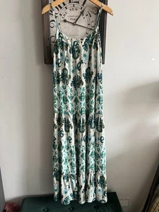 Monsoon Beach Dress – Size L (UK 16-18) Blue Off White Boho Print Holiday Maxi - Picture 1 of 17