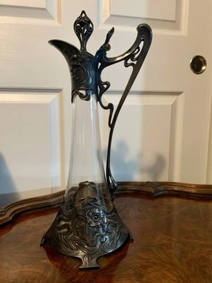 JUGENDSTIL / ART NOUVEAU WMF CLEAR CRYSTAL LIQUEUR  JUG w/SILVER PLATE MOUNT - Image 1 of 4