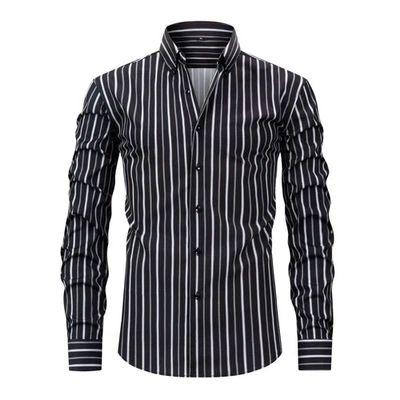 Striped Business Mens Long Sleeve Dress Shirt Casual Formal Prom Slim Fit Button - Image 1 of 4