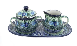 Blue Rose Polish Pottery Sapphire Fields Cream & Sugar Set with Tray - Picture 1 of 1