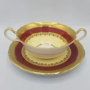 Aynsley Windsor Ruby Red Gold Scalloped Cream Soup Cup Bowl And Saucer Set RARE - Picture 1 of 15
