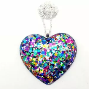 Unique CARNIVAL HEART NECKLACE resin GLITTER handmade RAINBOW statement PENDANT - Picture 1 of 1
