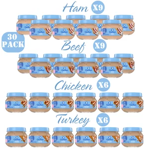 Lot Set 30 Gerber Baby Foods Meat Variety Pack Chicken Turkey Ham Beef Mealtime - Picture 1 of 22