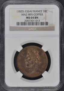 1825 ESSAI FRANCE 10C Maz-895 NGC MS64 BN Copper - Picture 1 of 4
