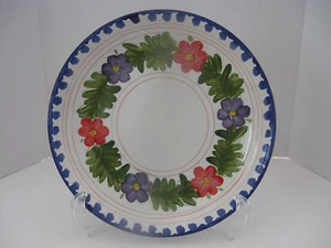 222 Fifth Portuguese Flowers 11" Serving Bowl Blue/Red/Yellow Flowers Blue Edge - Picture 1 of 4
