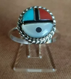 Super anillo Zuni Sunface, turquesa, coral, ónix, perla, 925% plata, indio - Imagen 1 de 5