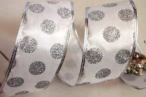 5 Yards White Silver Polka Dot 2 1/2" Wired Ribbon Christmas Wedding 5yds - Picture 1 of 1