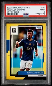 2022 Kingsley Coman Panini Donruss FIFA Optic Gold Holo France Card 5/10 PSA 9 - Foto 1 di 3