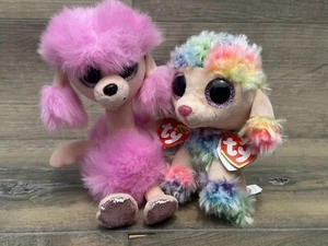 Lote de 2 caniches Ty Beanie Boos para perros. Camila y Arco Iris. Etiquetas colgantes de corazón TY - Imagen 1 de 24