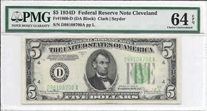 1934D $5 CLEVELAND FRN. PMG Choice Uncirculated 64 EPQ Banknote. - Picture 1 of 2