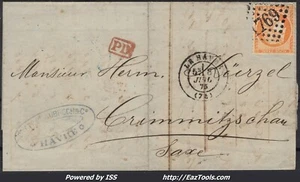 FRANCE N°38 SUR LETTRE POUR CRIMMITSCHAU SAXE GC 1769 LE HAVRE DU 08/07/1875 - Picture 1 of 2