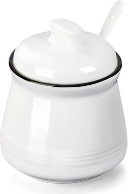 HAOTOP Porcelain Salt Bowl with Lid and Spoon,Ceramic Sugar Bowl 12oz (White) - Image 1 of 4