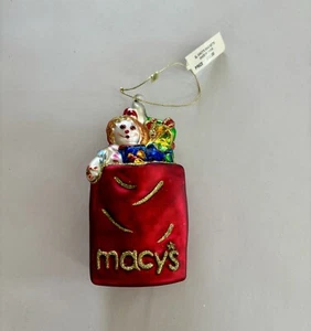 Macys Blown Glass Christmas Ornament Shopping Bag Collectible Advertising - Picture 1 of 9