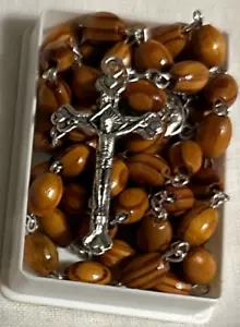 COLLANA ROSARIO GERUSALEMME BEATA CATTOLICA LEGNO DI ULIVO PERLINE OVALI CROCE ARGENTO - Foto 1 di 2