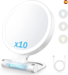 Euakee Espejo Maquillaje con Luz, 10X/1X, Doble Cara Portátil Espejo de Belleza - Imagen 1 de 7
