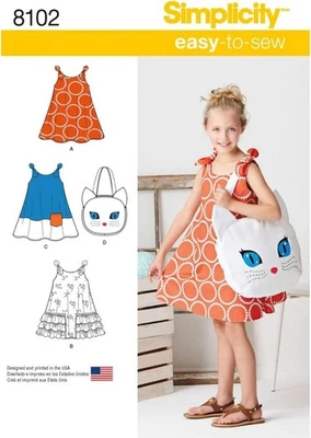 Simplicity 8102 EASY Sz 3-8 Girl's Sun Dress Kitty Cat Tote Bag Summer Pattern - Image 1 of 3